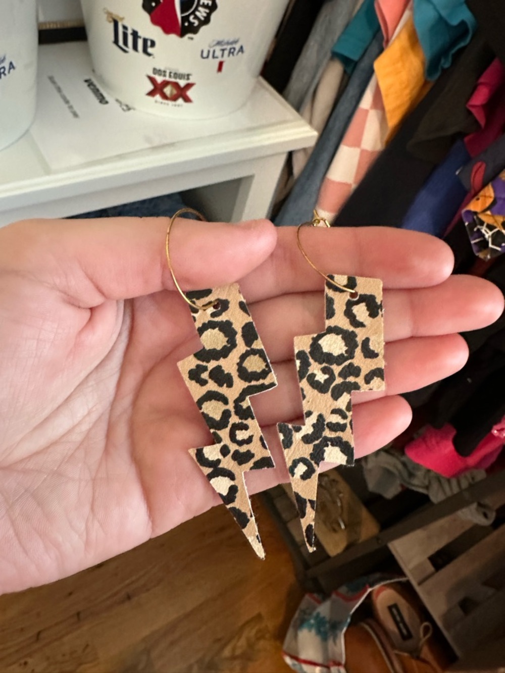 Leopard Print Lightning Bolt Earrings - Tan & Black
